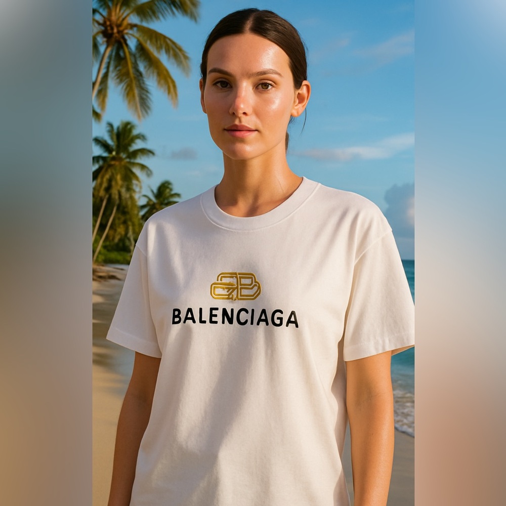 Balenciaga White fashion Tee with Gold and Black Logo size XXL